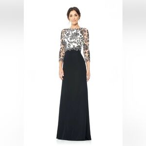 Tadashi Shoji Peony Embroidered Lace Top Black Ivory Gown Dress Size 16